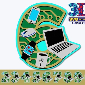 Könnte beinhalten: Eine grüne und goldene 3D-Zahl Sechs mit einem Schaltkreisdesign. Die Zahl Sechs ist von verschiedenen technischen Gegenständen umgeben, darunter ein Laptop, ein Smartphone, eine Smartwatch, eine Computermaus und eine Kaffeetasse mit einem USB-Symbol. Der Text "SVG PATTERNS DIGITAL FILE" befindet sich in der oberen rechten Ecke des Bildes.