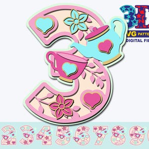 Tasse et pot à thé, numéros de fête d'anniversaire, tea party, fête d'anniversaire fille, anniversaire de tout âge, silhouette cricut bricolage téléchargement numérique
