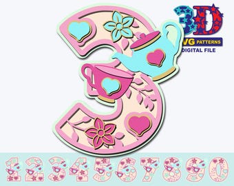 Tea Cup and Pot, Birthday Party Numbers, Tea Party Party, Girl Birthday Party, Any Age Birthday, DIY digital download svg cricut silhouette
