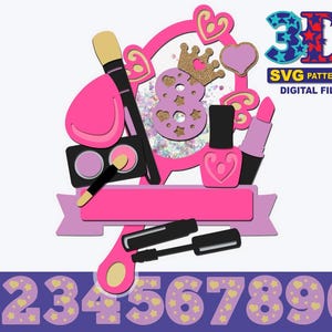 May include: A pink and purple 3D SVG pattern design for a makeup themed birthday party. The design features a vanity mirror with a crown, a number 8, and makeup brushes, lipstick, and eyeshadow. The design also includes the text "3D SVG Patterns Digital File".