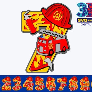 Puede incluir: Un conjunto de diez patrones SVG 3D de números del 1 al 10, cada número está decorado con un camión de bomberos, un sombrero de bombero y llamas. Los números son de color rojo, amarillo y negro. El texto "3D SVG PATTERNS DIGITAL FILE" está en la parte superior de la imagen.