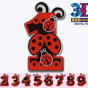 Può includere: Un set di dieci numeri 3D a tema coccinella, perfetto per una festa di compleanno o altre celebrazioni. I numeri sono rossi con macchie nere e hanno un effetto 3D. I numeri sono disposti in fila dal 1 al 10. L'immagine include anche il testo "3D SVG PATTERNS DIGITAL FILE".