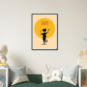 May include: Black framed art print featuring a silhouette of a creature with the word "RANGO" in orange. The creature is in front of a yellow circle, set against a light beige background. The art print is displayed on a white wall.