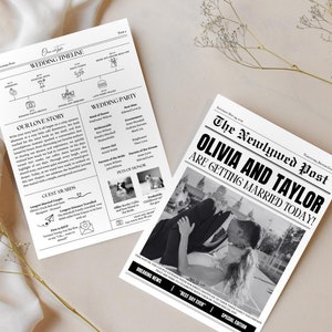 Puede incluir: Un anuncio de boda en blanco y negro estilo periódico para Olivia y Taylor. El titular dice "The Newlywed Post" y "¡Olivia y Taylor se casan hoy!" con una foto de la pareja besándose. El anuncio incluye una línea de tiempo del día de la boda, una lista de los miembros de la boda y una sección para premios de invitados.