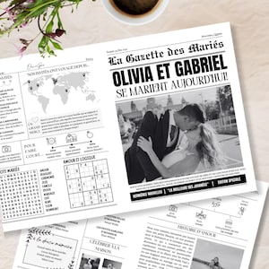 May include: A black and white newspaper style wedding announcement for Olivia and Gabriel. The headline reads "Olivia and Gabriel Se Marient Aujourd'hui!"  The announcement includes a black and white photo of the couple, a crossword puzzle titled "Amour et Logique", and a word search titled "Mots Mariés".