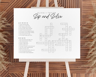 May include: A printable crossword puzzle game with the title "Sip and Solve" and the names Olivia and Taylor. The crossword puzzle is designed for a wedding or engagement party.