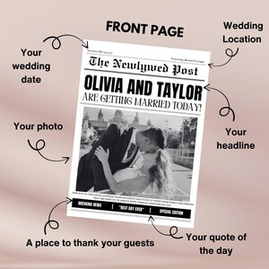 K&ouml;nnte beinhalten: Eine schwarz-wei&szlig;e Hochzeitsanzeige im Zeitungs-Stil mit der &Uuml;berschrift "Olivia und Taylor heiraten heute!" Die Anzeige zeigt ein Foto des Paares, das sich k&uuml;sst. Der Text "The Newlywed Post" steht oben auf der Anzeige.