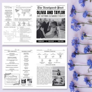 May include: A wedding announcement in the style of a newspaper with black and white photos of the couple. The headline reads "The Newlywed Post Olivia and Taylor Are Getting Married Today!"  The announcement includes a wedding timeline, a wedding party list, and a crossword puzzle.