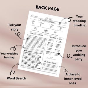 K&ouml;nnte beinhalten: Eine schwarz-wei&szlig;e Hochzeits-Checkliste im Zeitungsdesign. Die Checkliste enth&auml;lt Abschnitte f&uuml;r den Hochzeitsplan, die Hochzeitsgesellschaft und ein Wortsuchr&auml;tsel. Der Text "Our Love Story" ist oben auf der Seite in gro&szlig;er Schrift dargestellt.