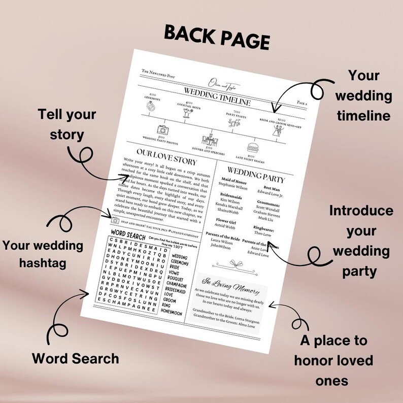 K&ouml;nnte beinhalten: Eine schwarz-wei&szlig;e Hochzeits-Checkliste im Zeitungsdesign. Die Checkliste enth&auml;lt Abschnitte f&uuml;r den Hochzeitsplan, die Hochzeitsgesellschaft und ein Wortsuchr&auml;tsel. Der Text "Our Love Story" ist oben auf der Seite in gro&szlig;er Schrift dargestellt.