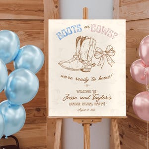 Boots or Bows Gender Reveal Western Theme Sign, Baby Boy or Girl Editable Template, Canva Printable Instant Download, Cowboy Pink or Blue