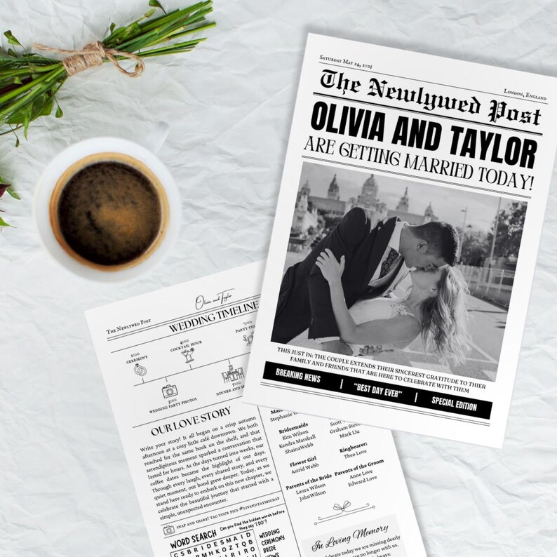 A custom wedding newspaper is displayed on a table with a coffee and flowers. The back page is shown with an inforgraphic timeline of the wedding day, the love story of the couple, and a wedding themed word search.