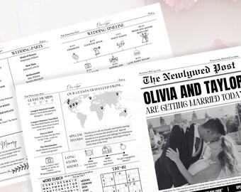 Bearbeitbare Hochzeitszeitungsprogrammvorlage: Zeitleiste, Wortsuche (Digitaler Download)