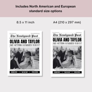 K&ouml;nnte beinhalten: Eine Schwarzwei&szlig;-Zeitungsanzeige mit der &Uuml;berschrift "The Newlywed Post" und dem Text "Olivia und Taylor heiraten heute!" Die Anzeige zeigt ein Foto eines sich k&uuml;ssenden Paares. Die Anzeige ist in zwei Gr&ouml;&szlig;en erh&auml;ltlich: 8,5 x 11 Zoll und A4 (210 x 297 mm).