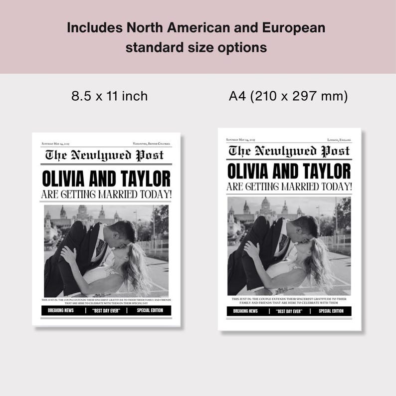 K&ouml;nnte beinhalten: Eine Schwarzwei&szlig;-Zeitungsanzeige mit der &Uuml;berschrift "The Newlywed Post" und dem Text "Olivia und Taylor heiraten heute!" Die Anzeige zeigt ein Foto eines sich k&uuml;ssenden Paares. Die Anzeige ist in zwei Gr&ouml;&szlig;en erh&auml;ltlich: 8,5 x 11 Zoll und A4 (210 x 297 mm).
