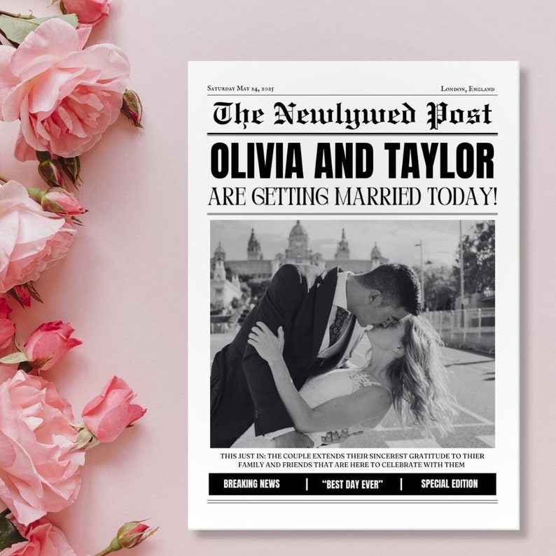 A custom newspaper headlined “Olivia and Taylor are getting married today!” is displayed on a pink floral background.  The wedding program newspaper displays a photo of the couple and is titled “the Newlywed Post”