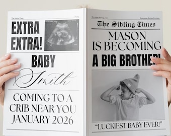 Aankondigingskrant grote broer/zus baby: bewerkbare canvassjabloon (digitale download)