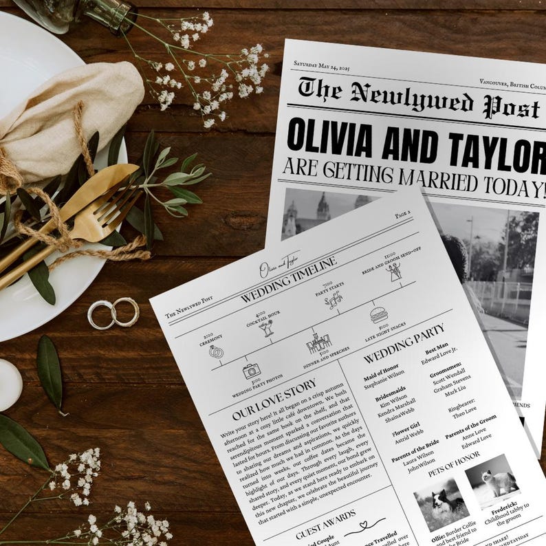 K&ouml;nnte beinhalten: Eine schwarz-wei&szlig;e Hochzeitsanzeige im Zeitungs-Stil f&uuml;r Olivia und Taylor. Die Schlagzeile lautet "Olivia und Taylor heiraten heute!" Die Anzeige enth&auml;lt einen Hochzeitsplan, eine Hochzeitsgesellschaft und eine Liebesgeschichte.