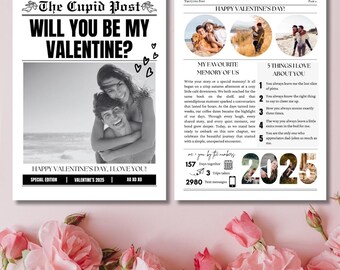 Custom Valentines Newspaper Template, Cupid Post Gift (Canva Editable, Printable)