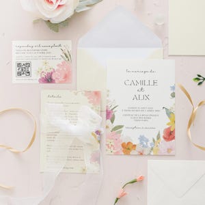 Zaproszenie Mariage szablon Canva, Faire Part Mariage, Bricolage DIY Digitale, szablon kwiatowy Kod RSVP QR, Papeterie Imprimable edytowalne