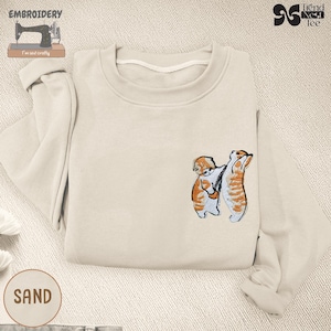 Whimsical Tabby Cat Embroidered Sweatshirt, Cute Orange Kitty Hoodie, Cozy Cottagecore Pullover, Gift for Cat Lovers