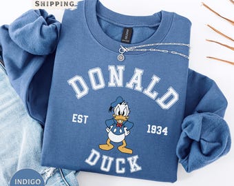 Suéter retro de cuello redondo del Pato Donald: temática de dibujos animados vintage de Disney, mezcla de algodón suave (vacaciones familiares, regalo)