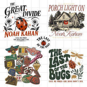 May include: A collection of graphic designs featuring text and illustrations. Designs include a ladybug, a house with the text "I'll Leave the Porch Light On", and various patches with text like "American Gas" and "The Last of the Bugs".