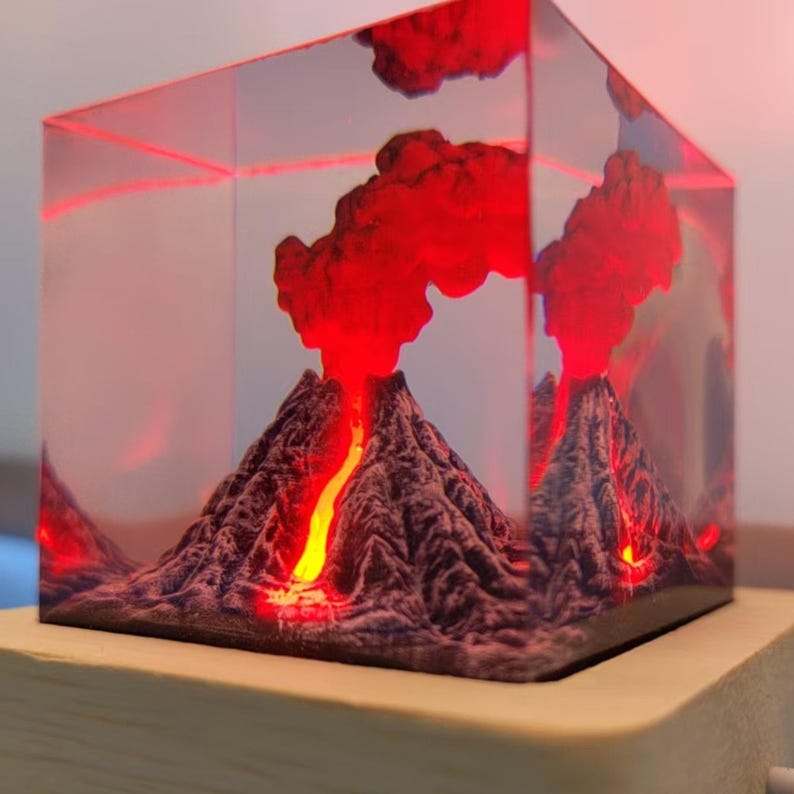 Volcano Cube Volcano Resin Night Lights-volcano Erupting Resin Lamp-3d Resin LED ...