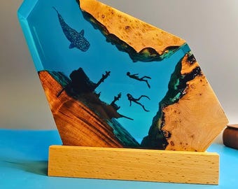Whale Shark Resin Lamp: Shipwreck Night Light, Ocean Desk Decor