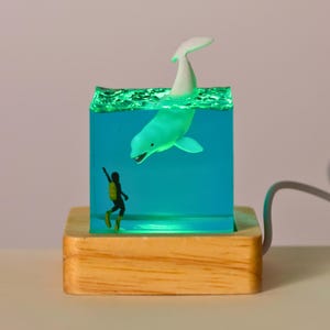 Handmade Diver & Dolphin Resin Night Light - Ocean Diorama Lamp