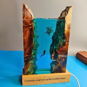 Resin Art Lamp: Diver & Sea Turtle, Ocean Adventure LED Light