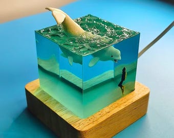 Ocean Resin Night Light: Dolphin & Diver, Handmade LED Lamp