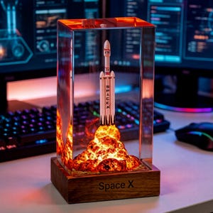 Pode incluir: Um modelo decorativo iluminado de foguete SpaceX, envolto em uma caixa de acrílico transparente. O foguete é branco com detalhes em preto e a palavra "SpaceX" impressa na lateral. A base é uma caixa de madeira com o logotipo da SpaceX.