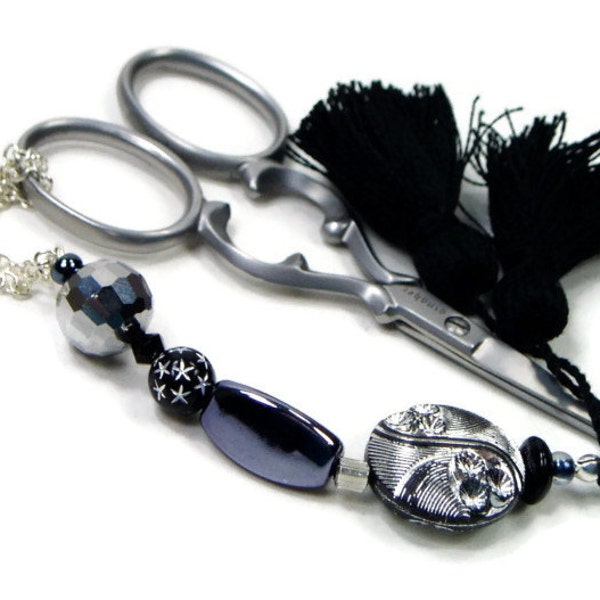 Beaded  Scissor Fob, DIY Crafts, Cross Stitch, Needlepoint ,Sewing, Quilting, Gift, Black, Silver, TJBdesigns