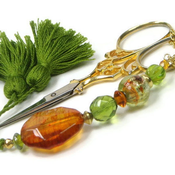 Beaded Scissor Fob Olive, Amber, DIYCrafts, Needlepoint, Cross Stitch, Sewing, Hardanger, Quilting