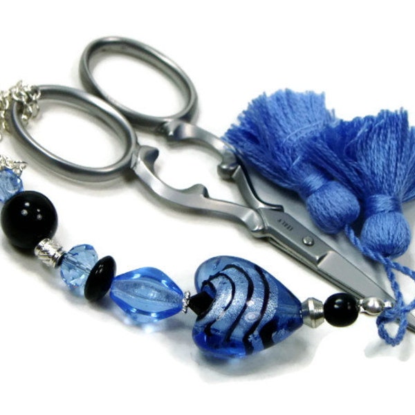 Scissor Fob, Blue Heart, Black, Cross Stitch, Needlepoint