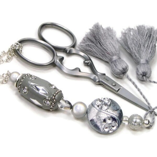 Handmade Scissor Fob, Gray, Silver, Beaded, Cross Stitch, Needlepoint, Sewing, Quilting, Crafts