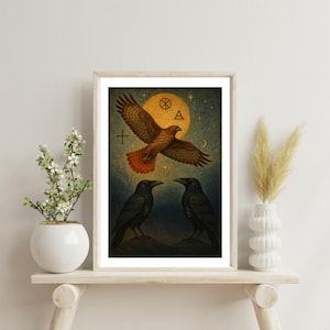 May include: Framed art print featuring a celestial scene with a hawk in flight above two black ravens. The artwork has a vintage aesthetic, with a warm color palette of gold, brown, and blue. The background includes a moon, stars, and symbols.