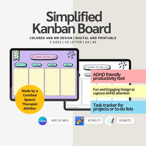 May include: A digital printable Kanban board with a purple, yellow, and green color scheme. The board is titled "A Kinda To-Do List" and has four columns: "Kinda To-Do", "To-Do", "Doing", and "Done". The board is designed to be used as a productivity tool for people with ADHD. The text "ADHD friendly productivity tool" is written in pink and black text. The text "Fun and Engaging Design to capture ADHD attention" is written in black text. The text "Task tracker for projects or to-do lists" is written in black text. The board is made by a certified speech therapist who is also an ADHDer.
