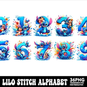 May include: A set of 10 colorful digital clipart images featuring the characters Lilo and Stitch from the Disney movie Lilo & Stitch. Each image features a number from 0 to 9 with Lilo and Stitch in a tropical setting.