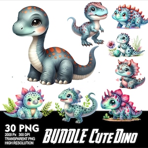 BUNDLE Cartoon Cute Dinosaurs Watercolor 30 PNG Design for Sublimation Png 300DPI High Resolution Png Tshirt Mug Tumpler Sticker Png Trex