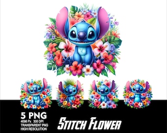 Stitch Hawaii Flowers 5 PNG Design Sublimation Png 300DPI High Resolution Png Tshirt Mug Tumpler Sticker Png Stitch Lilo Design