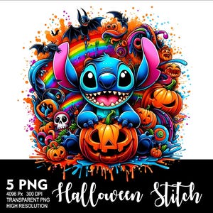 Może przedstawiać: Niebieska postać Stitch z dużymi uszami i przebiegłym uśmiechem, otoczona kolorowymi elementami o tematyce Halloween, takimi jak dynie, cukrowe kukurydza i nietoperze. Tło to żywa mieszanka pomarańczowego, ż&oacute;łtego i zielonego.