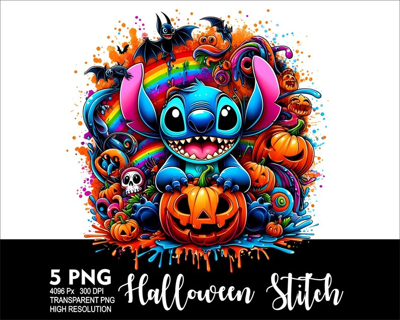 Może przedstawiać: Niebieska postać Stitch z dużymi uszami i przebiegłym uśmiechem, otoczona kolorowymi elementami o tematyce Halloween, takimi jak dynie, cukrowe kukurydza i nietoperze. Tło to żywa mieszanka pomarańczowego, ż&oacute;łtego i zielonego.