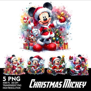 May include: Five digital illustrations of Mickey Mouse dressed in a red and white Santa suit with a red hat and white trim. Mickey is holding a candy cane, a red ornament, and a gift. The background is a watercolor style with red, green, and white colors. The text "Christmas Mickey" is at the bottom of the image.