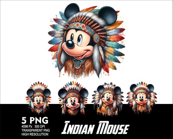 Native American Indian Mickey 5 PNG Design for Sublimation Png 300DPI High Resolution Png Tshirt Mug Tumpler Mouse Indian Design