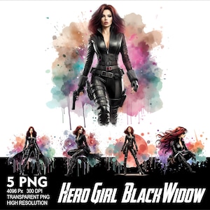 Peut inclure: Cinq illustrations numériques d'une femme en costume de cuir noir et aux cheveux roux. La femme tient une arme à feu dans sa main droite et se tient sur un fond aquarelle. Les illustrations sont dans des poses différentes et sont toutes en haute résolution.