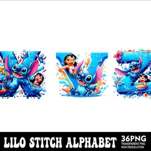 May include: A set of alphabet letters featuring Lilo and Stitch characters from the Disney movie. The letters are blue, white, and yellow with water-like designs. The letters are X, W, and Z.
