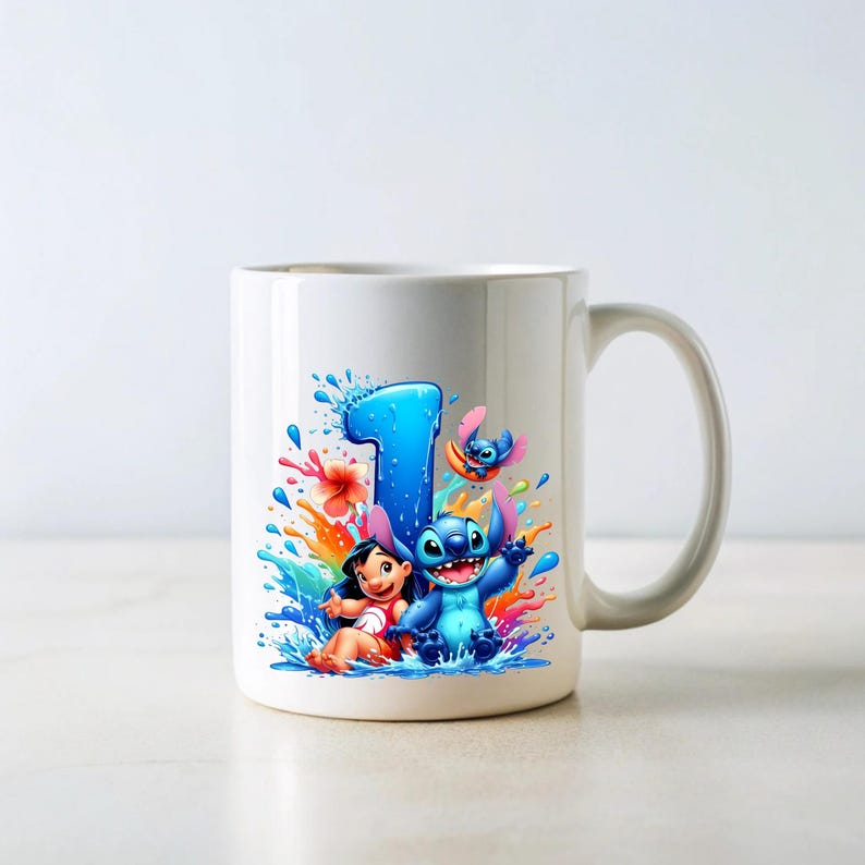 May include: White ceramic mug with a colorful design featuring Stitch and Lilo from Disney's Lilo & Stitch. The design includes a blue number one, water splashes, and tropical flowers.