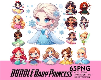 BUNDLE Princess Baby Clipart 65 PNG Princess Design for Sublimation Png 300DPI High Resolution Tshirt Mug Tumpler Cartoon Princess Design